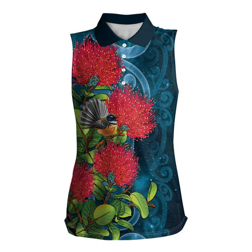 New Zealand Matariki Piwakawaka Women Sleeveless Polo Shirt Maori Koru With Pohutukawa Flowers
