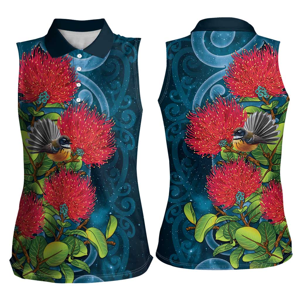 New Zealand Matariki Piwakawaka Women Sleeveless Polo Shirt Maori Koru With Pohutukawa Flowers