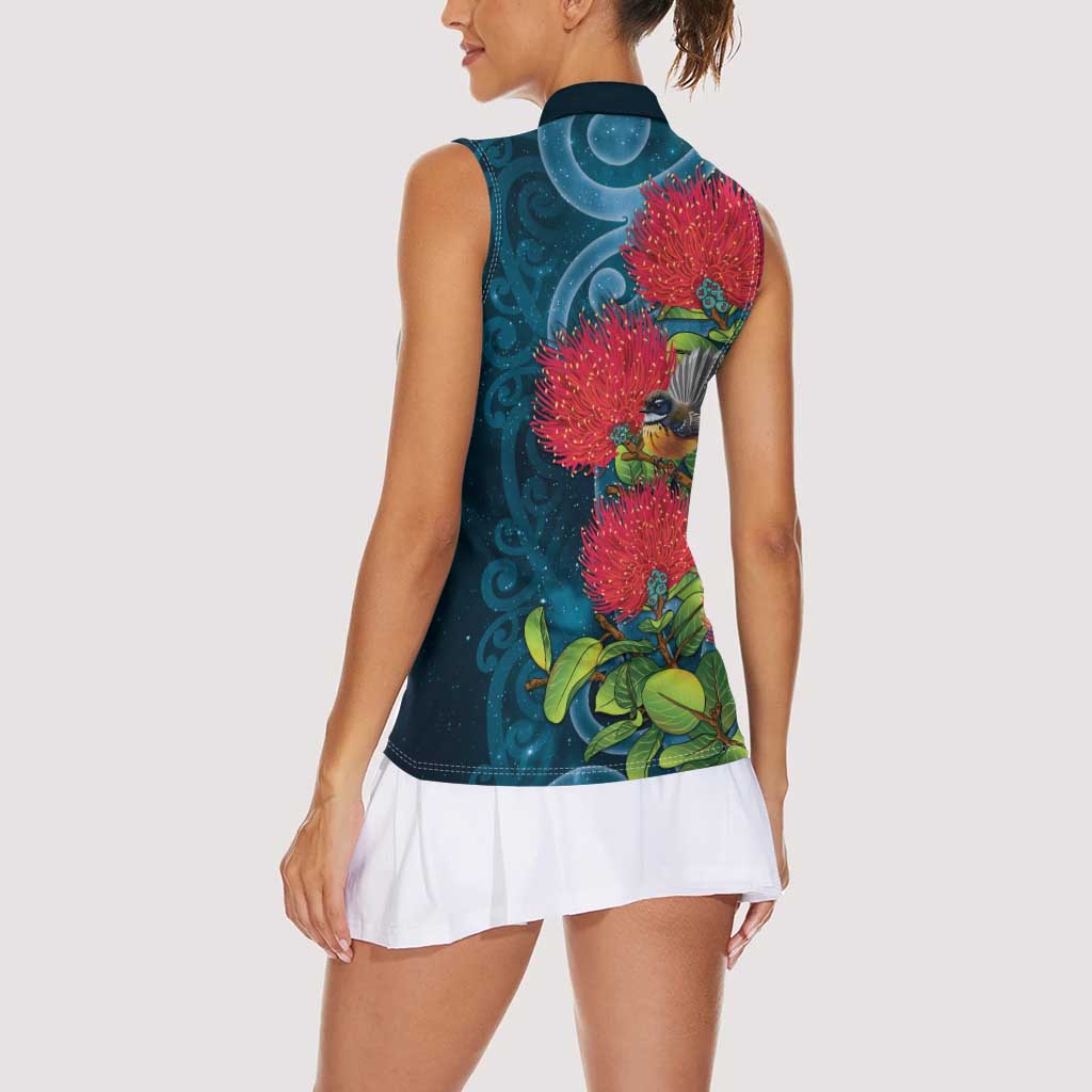 New Zealand Matariki Piwakawaka Women Sleeveless Polo Shirt Maori Koru With Pohutukawa Flowers