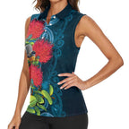 New Zealand Matariki Piwakawaka Women Sleeveless Polo Shirt Maori Koru With Pohutukawa Flowers
