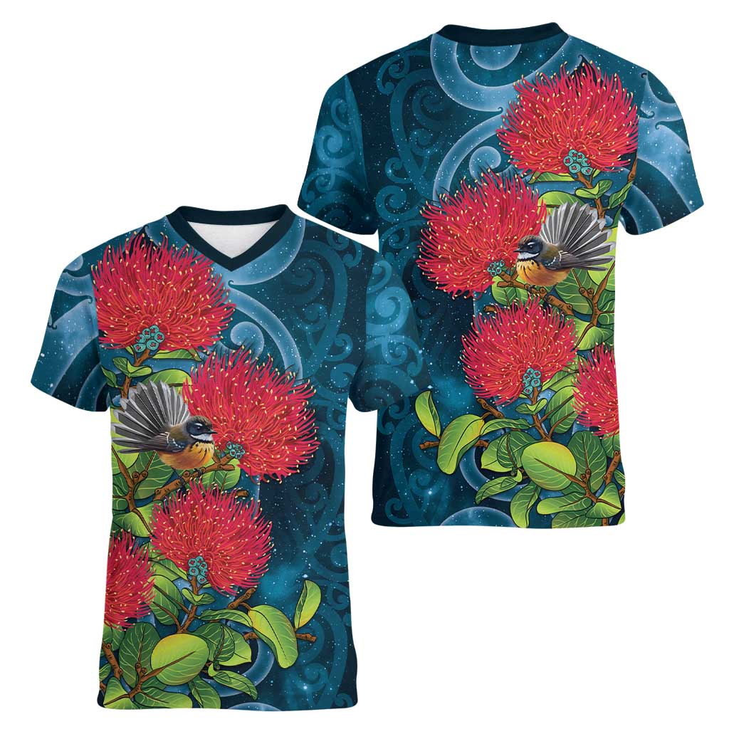 New Zealand Matariki Piwakawaka Women V-Neck T-Shirt Maori Koru With Pohutukawa Flowers