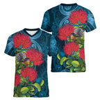 New Zealand Matariki Piwakawaka Women V-Neck T-Shirt Maori Koru With Pohutukawa Flowers