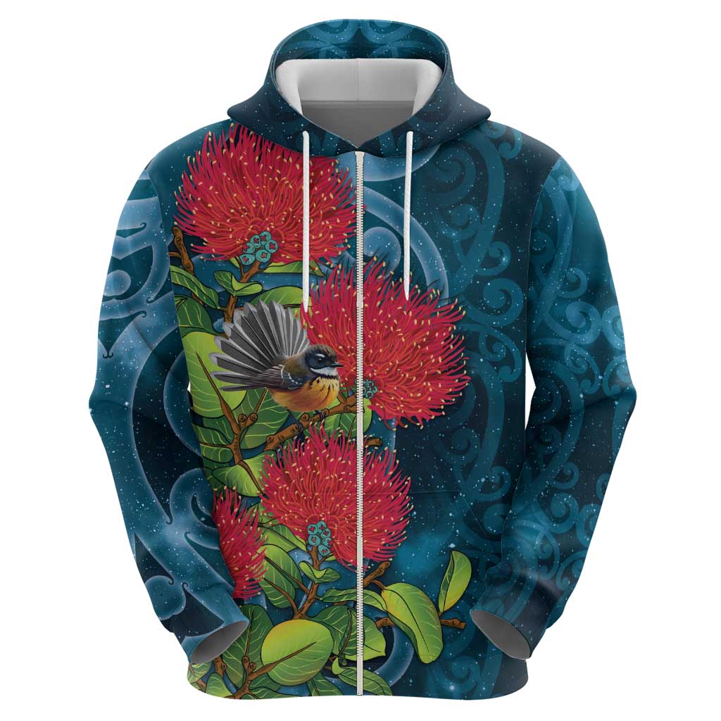 New Zealand Matariki Piwakawaka Zip Hoodie Maori Koru With Pohutukawa Flowers