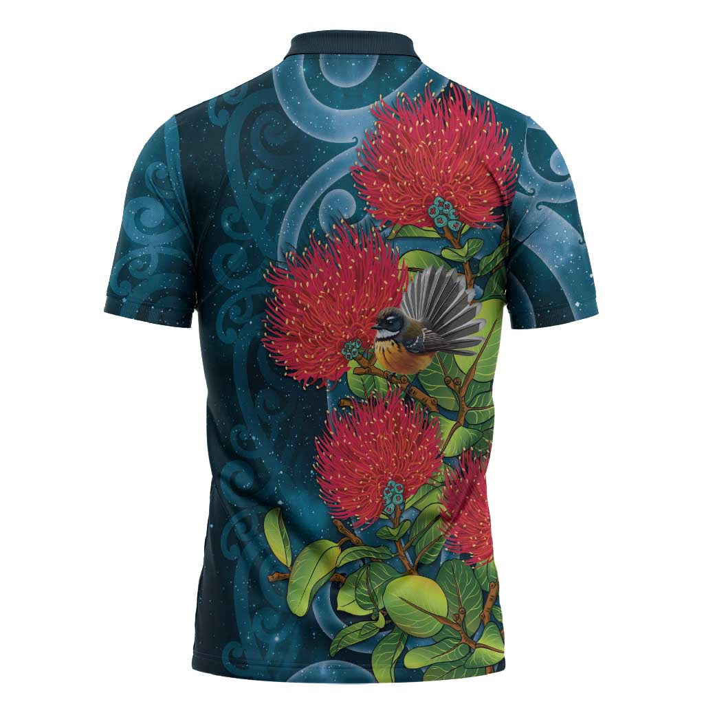 New Zealand Matariki Piwakawaka Zipper Polo Shirt Maori Koru With Pohutukawa Flowers