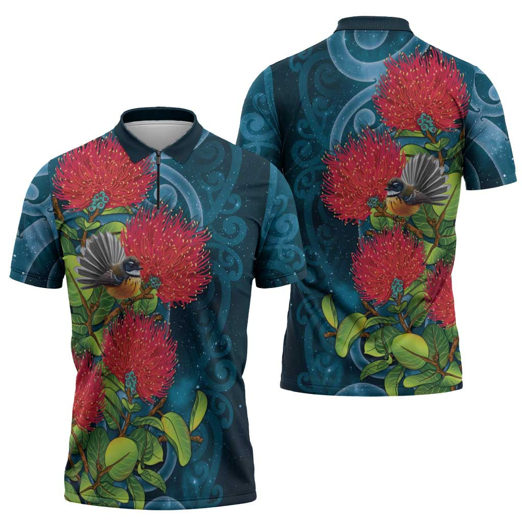 New Zealand Matariki Piwakawaka Zipper Polo Shirt Maori Koru With Pohutukawa Flowers