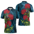New Zealand Matariki Piwakawaka Zipper Polo Shirt Maori Koru With Pohutukawa Flowers