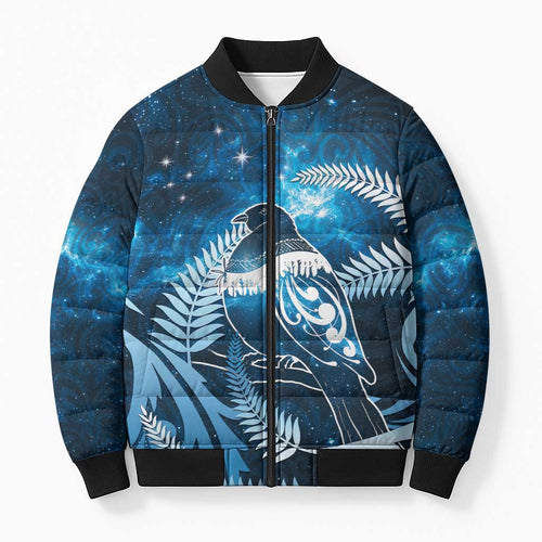 New Zealand Matariki Bomber Puffer Jacket Pigeon Kereru Maori Fern Art