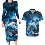New Zealand Matariki Couples Matching Long Sleeve Bodycon Dress and Hawaiian Shirt Pigeon Kereru Maori Fern Art