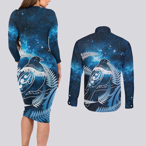 New Zealand Matariki Couples Matching Long Sleeve Bodycon Dress and Long Sleeve Button Shirt Pigeon Kereru Maori Fern Art