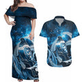 New Zealand Matariki Couples Matching Off Shoulder Maxi Dress and Hawaiian Shirt Pigeon Kereru Maori Fern Art