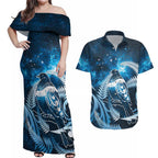 New Zealand Matariki Couples Matching Off Shoulder Maxi Dress and Hawaiian Shirt Pigeon Kereru Maori Fern Art