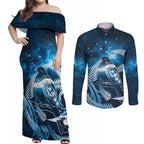 New Zealand Matariki Couples Matching Off Shoulder Maxi Dress and Long Sleeve Button Shirt Pigeon Kereru Maori Fern Art
