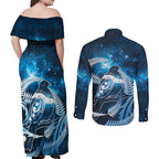 New Zealand Matariki Couples Matching Off Shoulder Maxi Dress and Long Sleeve Button Shirt Pigeon Kereru Maori Fern Art