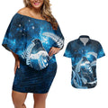 New Zealand Matariki Couples Matching Off Shoulder Short Dress and Hawaiian Shirt Pigeon Kereru Maori Fern Art