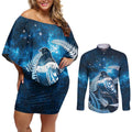 New Zealand Matariki Couples Matching Off Shoulder Short Dress and Long Sleeve Button Shirt Pigeon Kereru Maori Fern Art