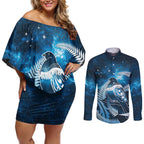 New Zealand Matariki Couples Matching Off Shoulder Short Dress and Long Sleeve Button Shirt Pigeon Kereru Maori Fern Art