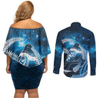 New Zealand Matariki Couples Matching Off Shoulder Short Dress and Long Sleeve Button Shirt Pigeon Kereru Maori Fern Art