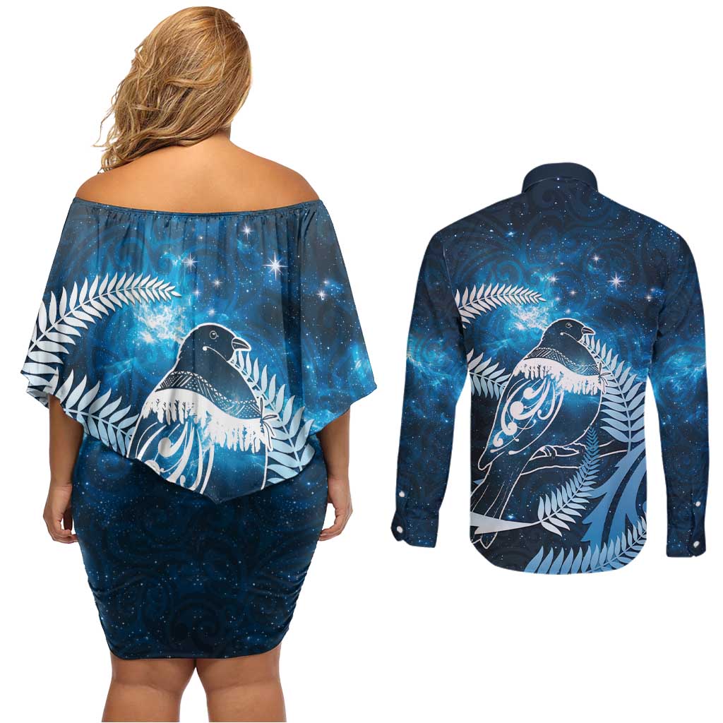 New Zealand Matariki Couples Matching Off Shoulder Short Dress and Long Sleeve Button Shirt Pigeon Kereru Maori Fern Art