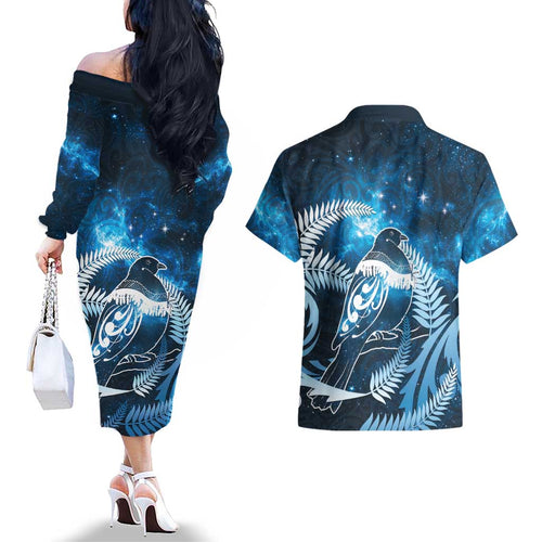 New Zealand Matariki Couples Matching Off The Shoulder Long Sleeve Dress and Hawaiian Shirt Pigeon Kereru Maori Fern Art