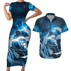 New Zealand Matariki Couples Matching Short Sleeve Bodycon Dress and Hawaiian Shirt Pigeon Kereru Maori Fern Art