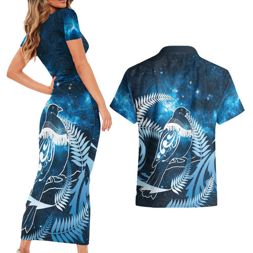 New Zealand Matariki Couples Matching Short Sleeve Bodycon Dress and Hawaiian Shirt Pigeon Kereru Maori Fern Art