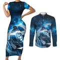 New Zealand Matariki Couples Matching Short Sleeve Bodycon Dress and Long Sleeve Button Shirt Pigeon Kereru Maori Fern Art