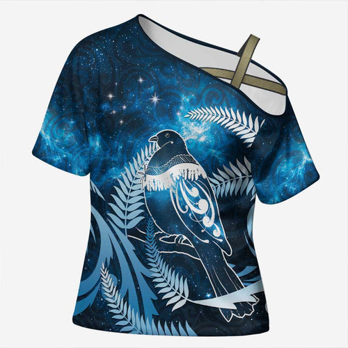 New Zealand Matariki Cross Shoulder Shirt Pigeon Kereru Maori Fern Art