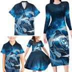 New Zealand Matariki Family Matching Long Sleeve Bodycon Dress and Hawaiian Shirt Pigeon Kereru Maori Fern Art