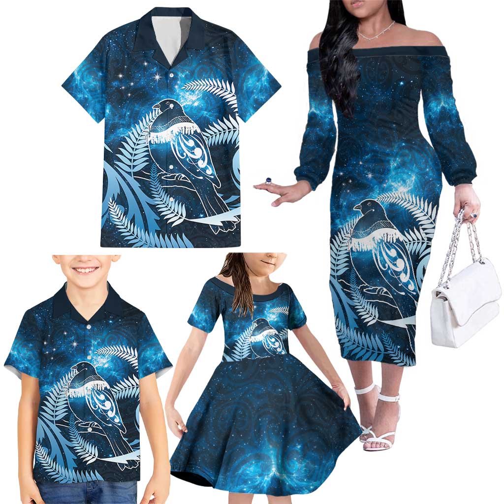 New Zealand Matariki Family Matching Off The Shoulder Long Sleeve Dress and Hawaiian Shirt Pigeon Kereru Maori Fern Art