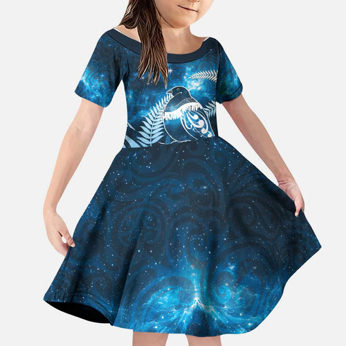 New Zealand Matariki Family Matching Off Shoulder Short Dress and Hawaiian Shirt Pigeon Kereru Maori Fern Art