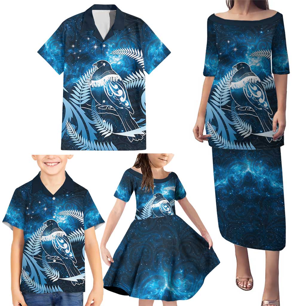 New Zealand Matariki Family Matching Puletasi and Hawaiian Shirt Pigeon Kereru Maori Fern Art