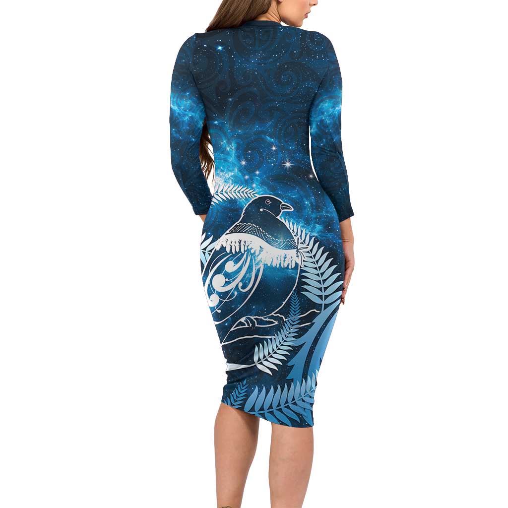 New Zealand Matariki Long Sleeve Bodycon Dress Pigeon Kereru Maori Fern Art