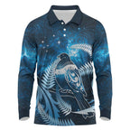 New Zealand Matariki Long Sleeve Polo Shirt Pigeon Kereru Maori Fern Art
