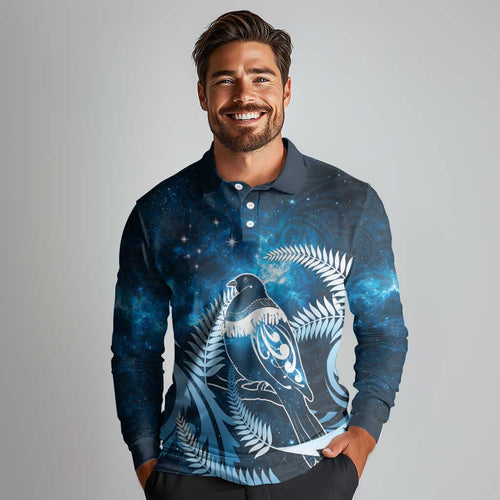 New Zealand Matariki Long Sleeve Polo Shirt Pigeon Kereru Maori Fern Art