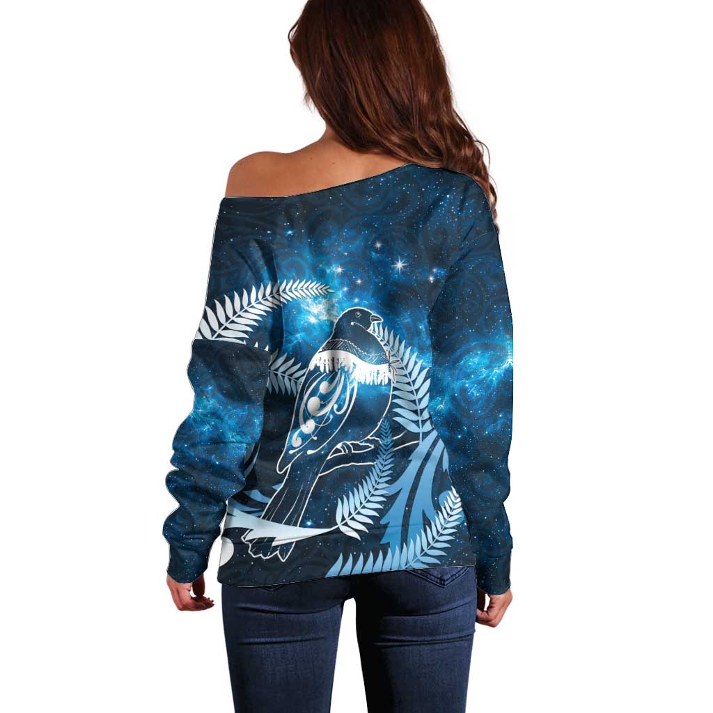 New Zealand Matariki Off Shoulder Sweater Pigeon Kereru Maori Fern Art