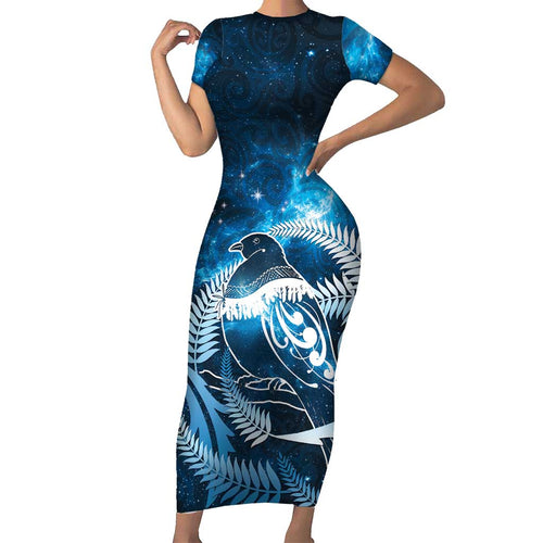 New Zealand Matariki Short Sleeve Bodycon Dress Pigeon Kereru Maori Fern Art