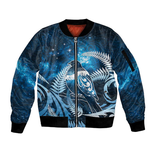 New Zealand Matariki Sleeve Zip Bomber Jacket Pigeon Kereru Maori Fern Art