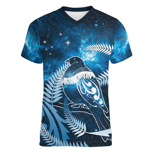 New Zealand Matariki Women V-Neck T-Shirt Pigeon Kereru Maori Fern Art
