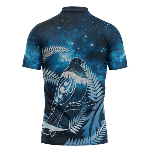New Zealand Matariki Zipper Polo Shirt Pigeon Kereru Maori Fern Art