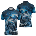 New Zealand Matariki Zipper Polo Shirt Pigeon Kereru Maori Fern Art
