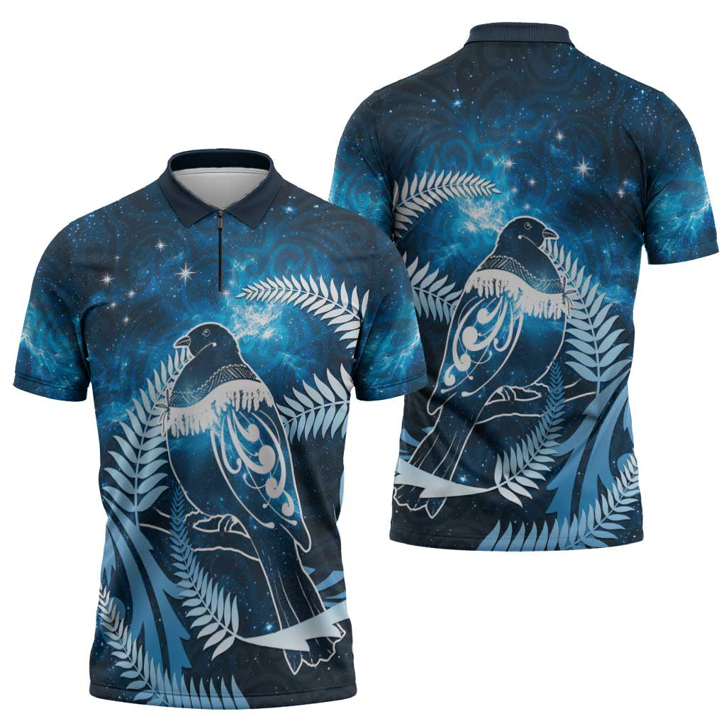 New Zealand Matariki Zipper Polo Shirt Pigeon Kereru Maori Fern Art