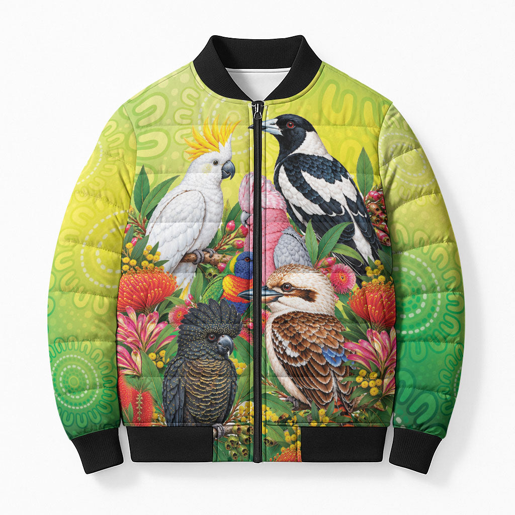 Australian Native Birds Bomber Puffer Jacket Art Dot Painting Pattern