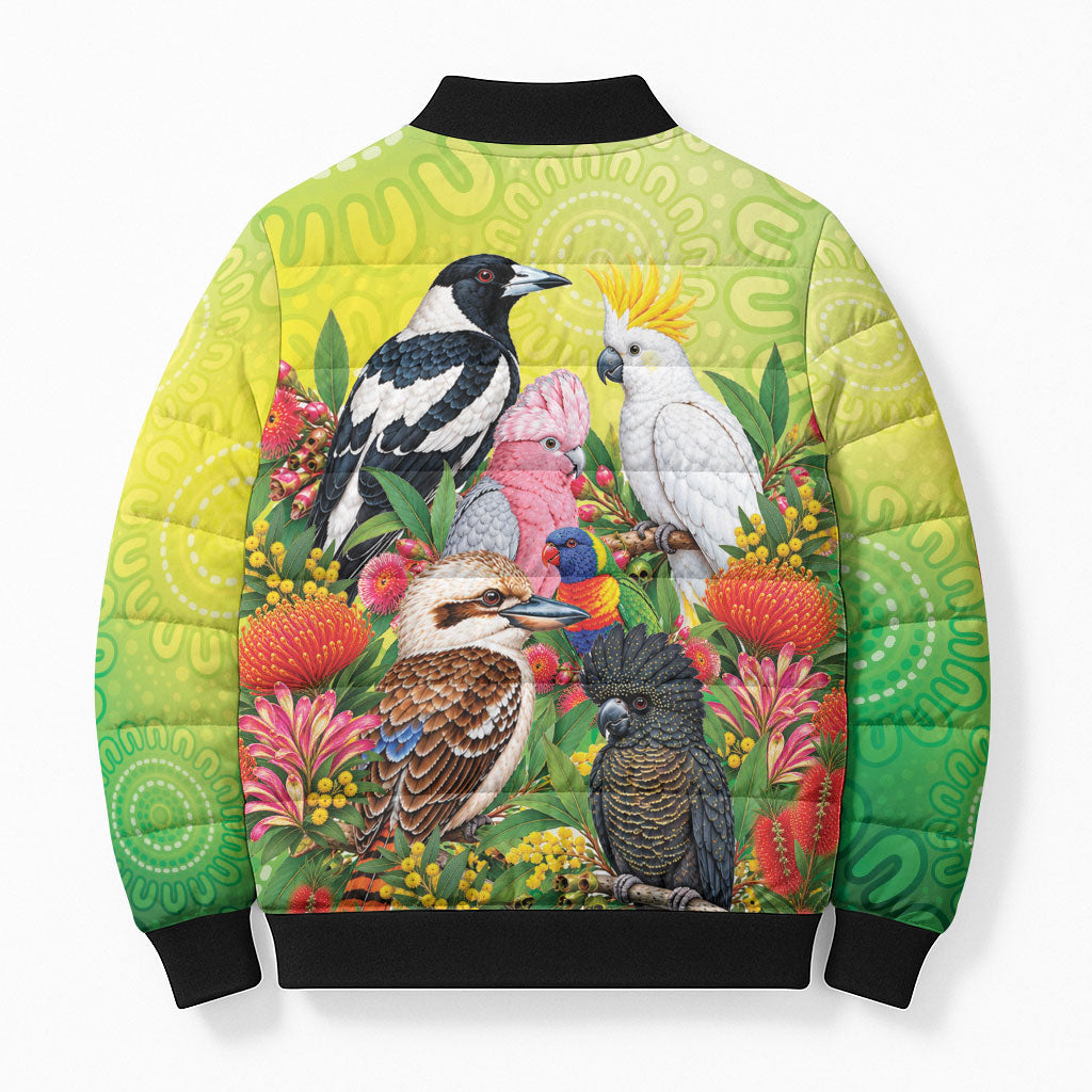 Australian Native Birds Bomber Puffer Jacket Art Dot Painting Pattern