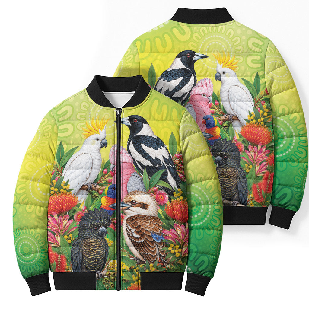 Australian Native Birds Bomber Puffer Jacket Art Dot Painting Pattern