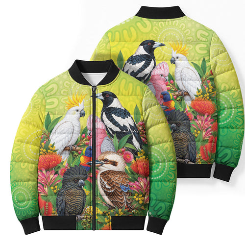 Australian Native Birds Bomber Puffer Jacket Art Dot Painting Pattern