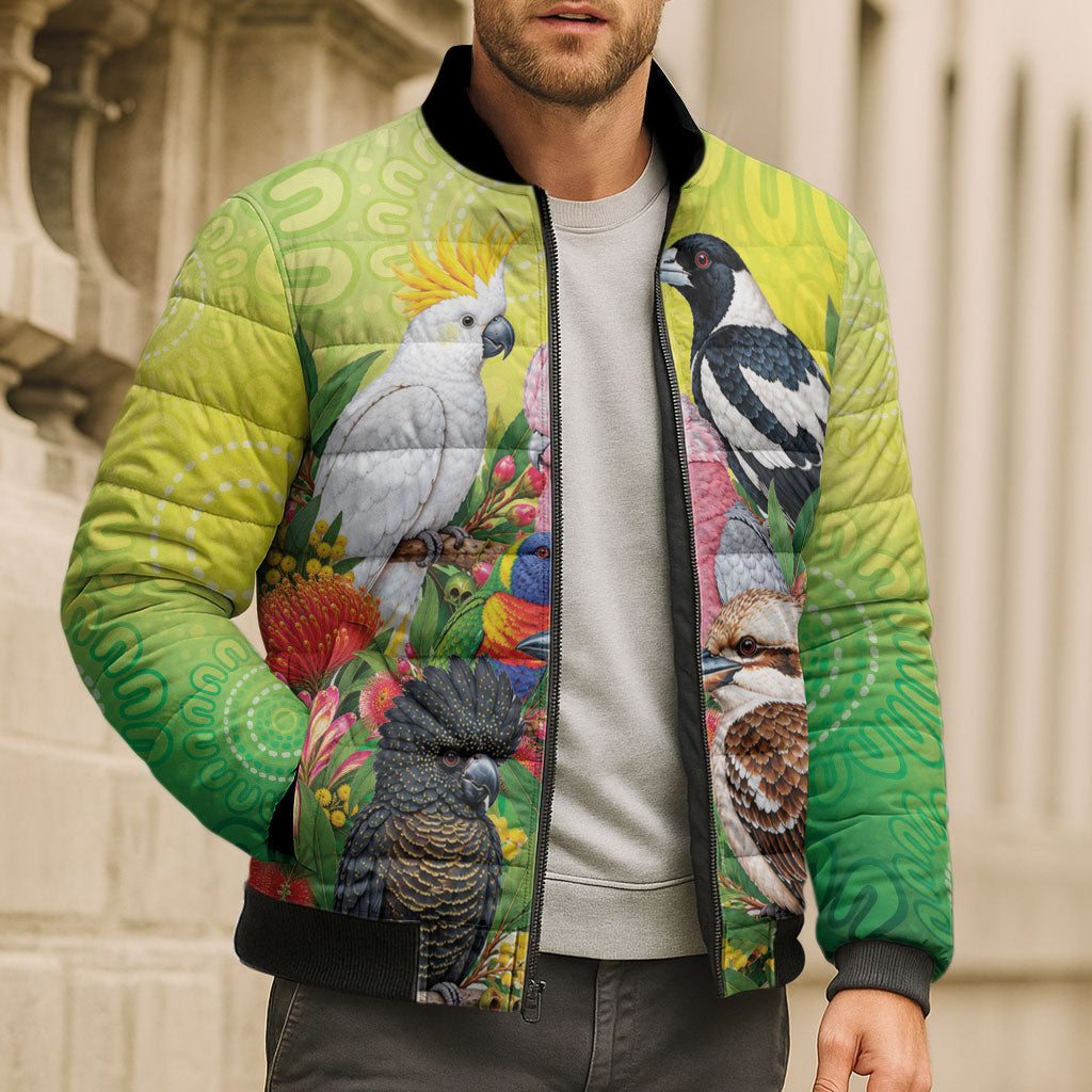 Australian Native Birds Bomber Puffer Jacket Art Dot Painting Pattern