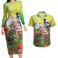 Australian Native Birds Couples Matching Long Sleeve Bodycon Dress and Hawaiian Shirt Art Dot Painting Pattern