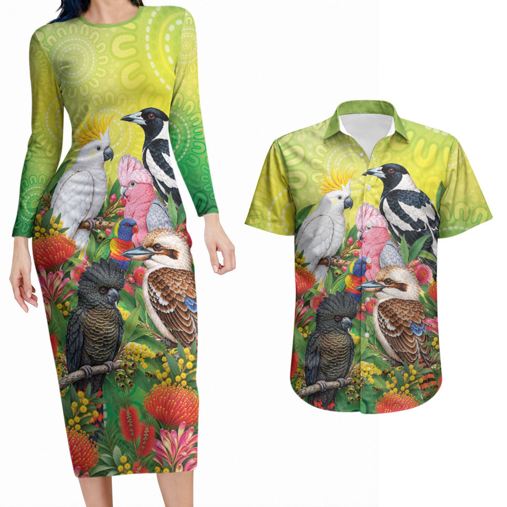 Australian Native Birds Couples Matching Long Sleeve Bodycon Dress and Hawaiian Shirt Art Dot Painting Pattern