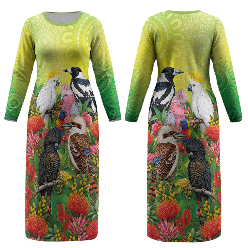 Australian Native Birds Couples Matching Long Sleeve Bodycon Dress and Hawaiian Shirt Art Dot Painting Pattern