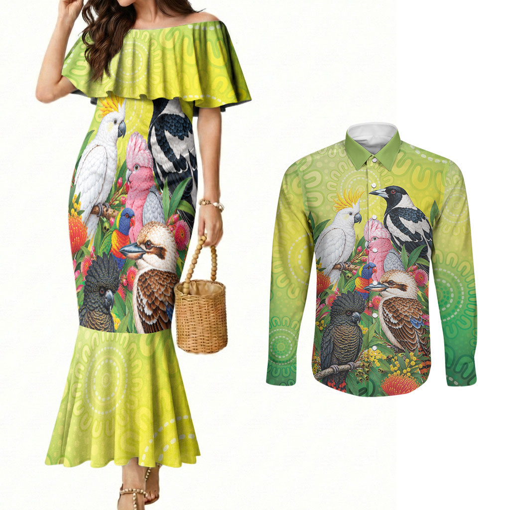 Australian Native Birds Couples Matching Mermaid Dress and Long Sleeve Button Shirt Art Dot Painting Pattern
